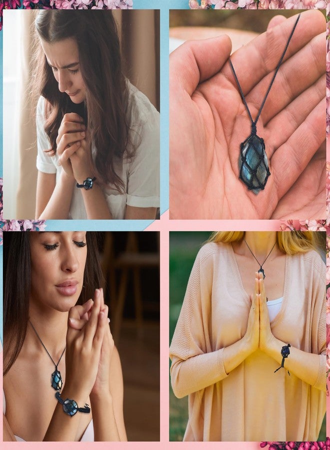 Quelay 2 Pcs Healing Crystal Necklace and Bracelet Natural Crystal Necklace Women Gift with Woven Rope and Card for Women Men(Green,Labradorite) - Image 3